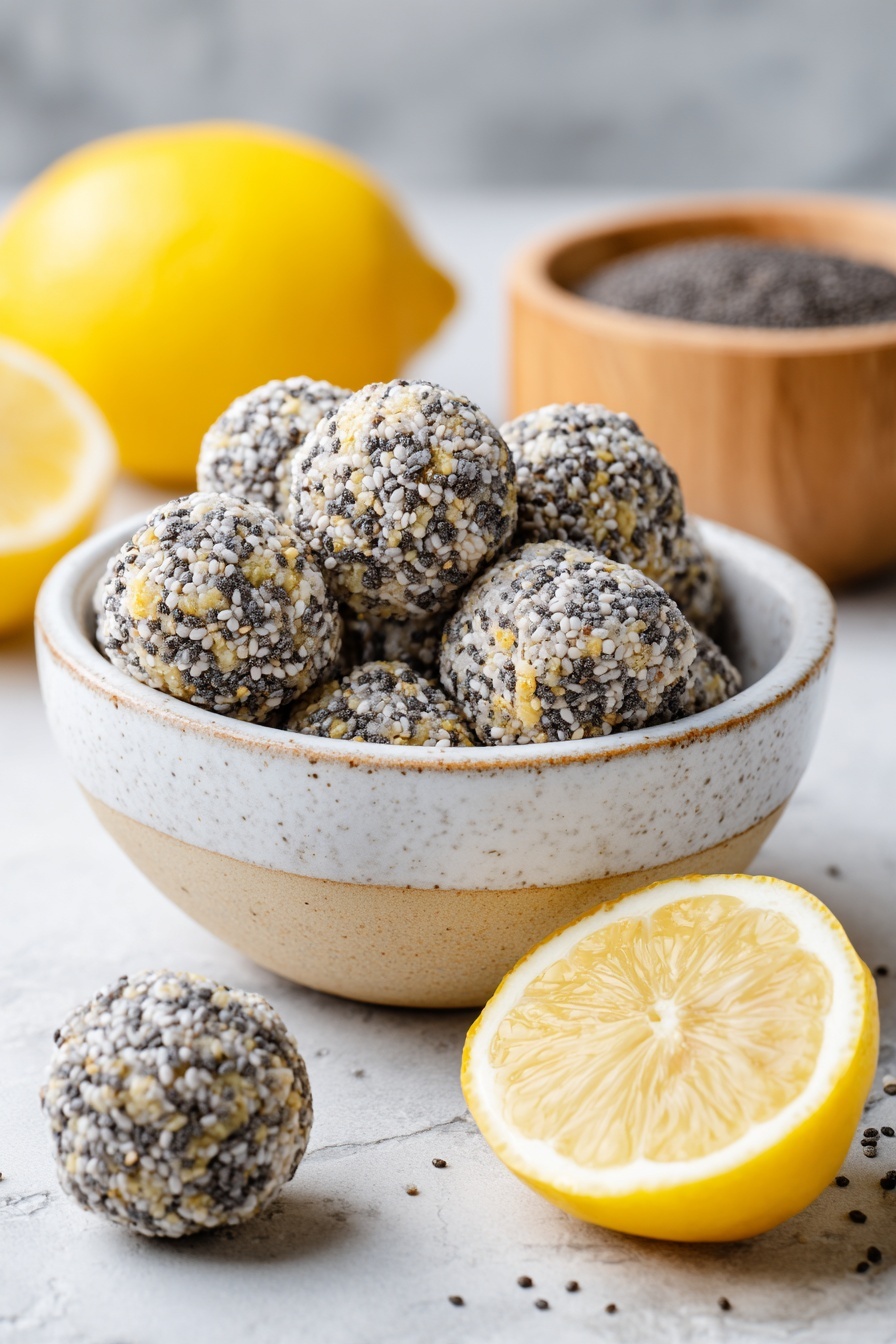 A bowl of lemon poppy seed energy bites.