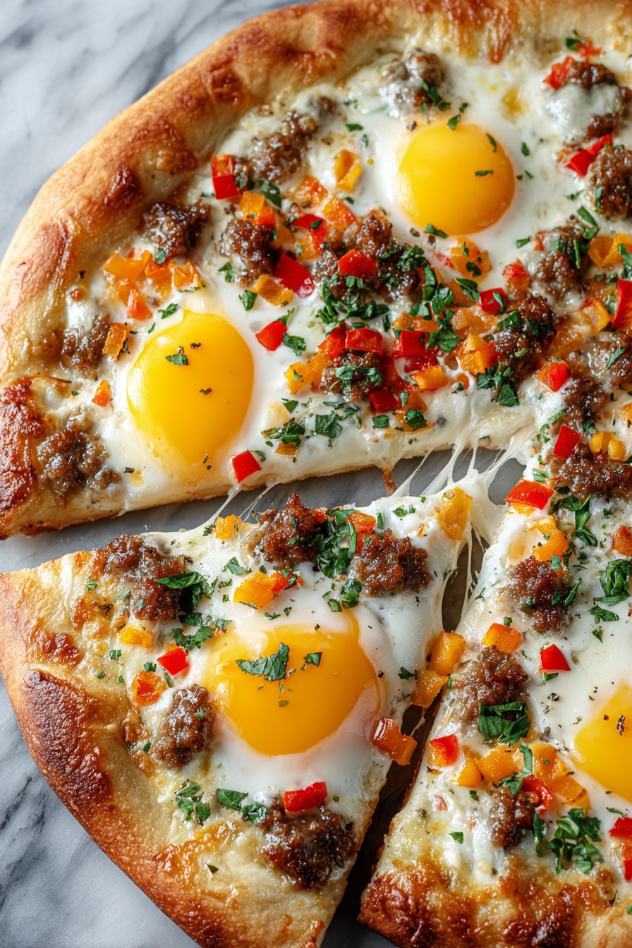 A pizza with sausage and eggs on top.