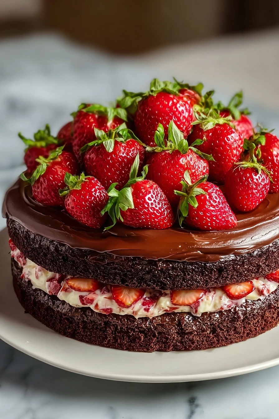A delicious chocolate strawberry layer cake.