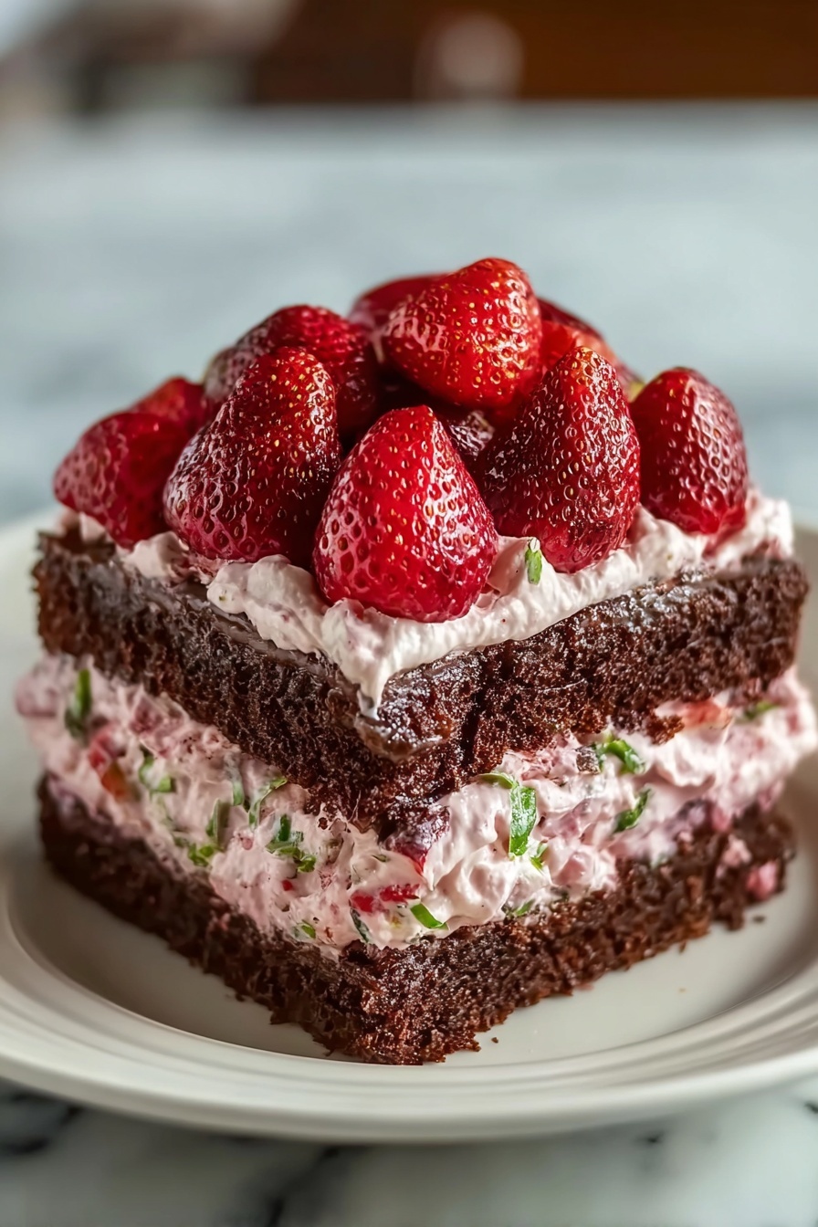 A slice of chocolate strawberry layer cake.