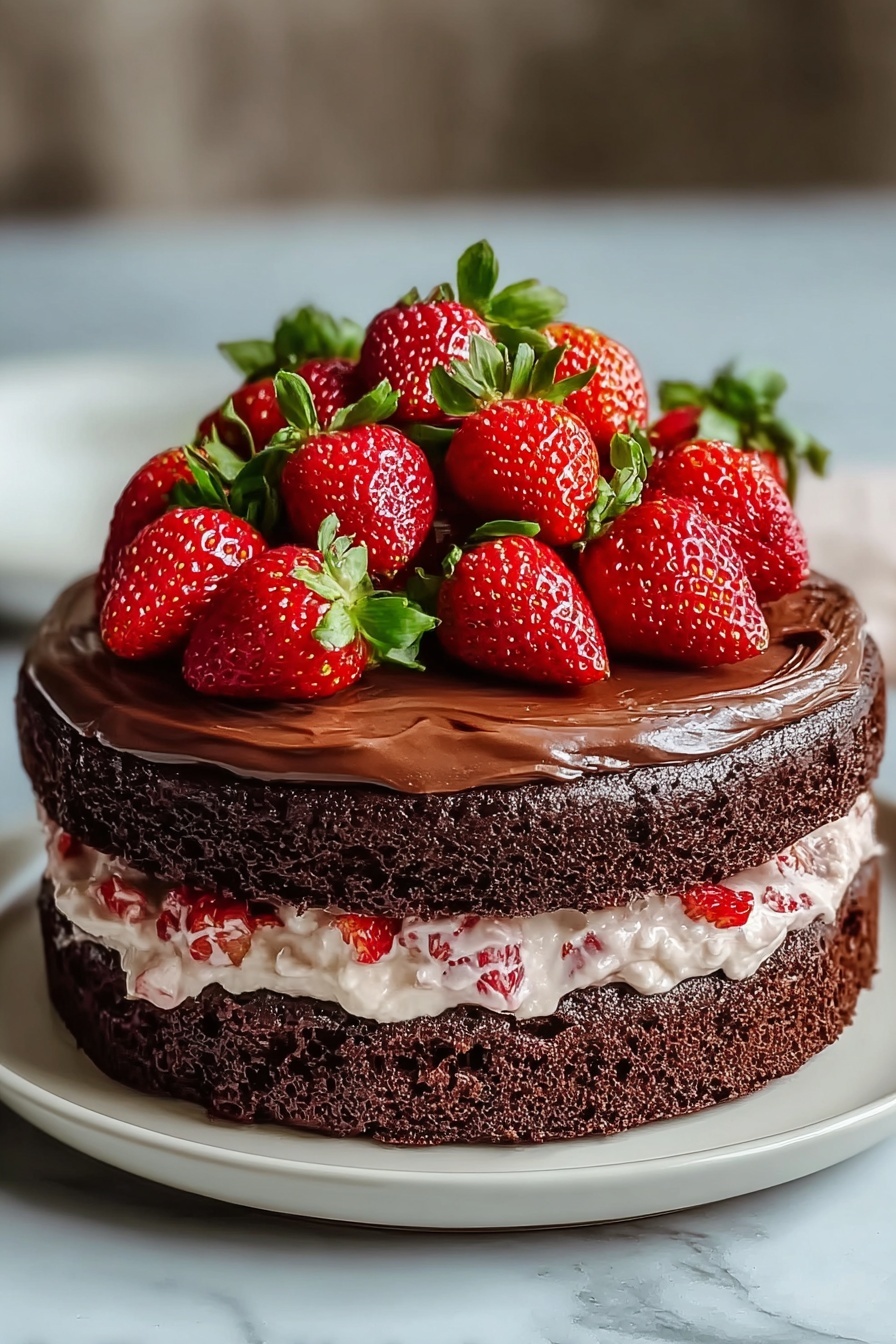A delicious chocolate strawberry layer cake.