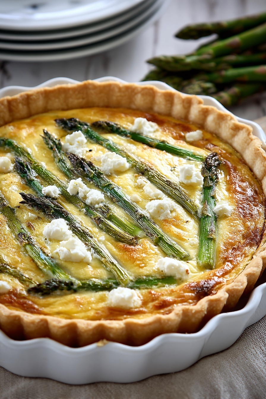 A quiche with asparagus and goat cheese.