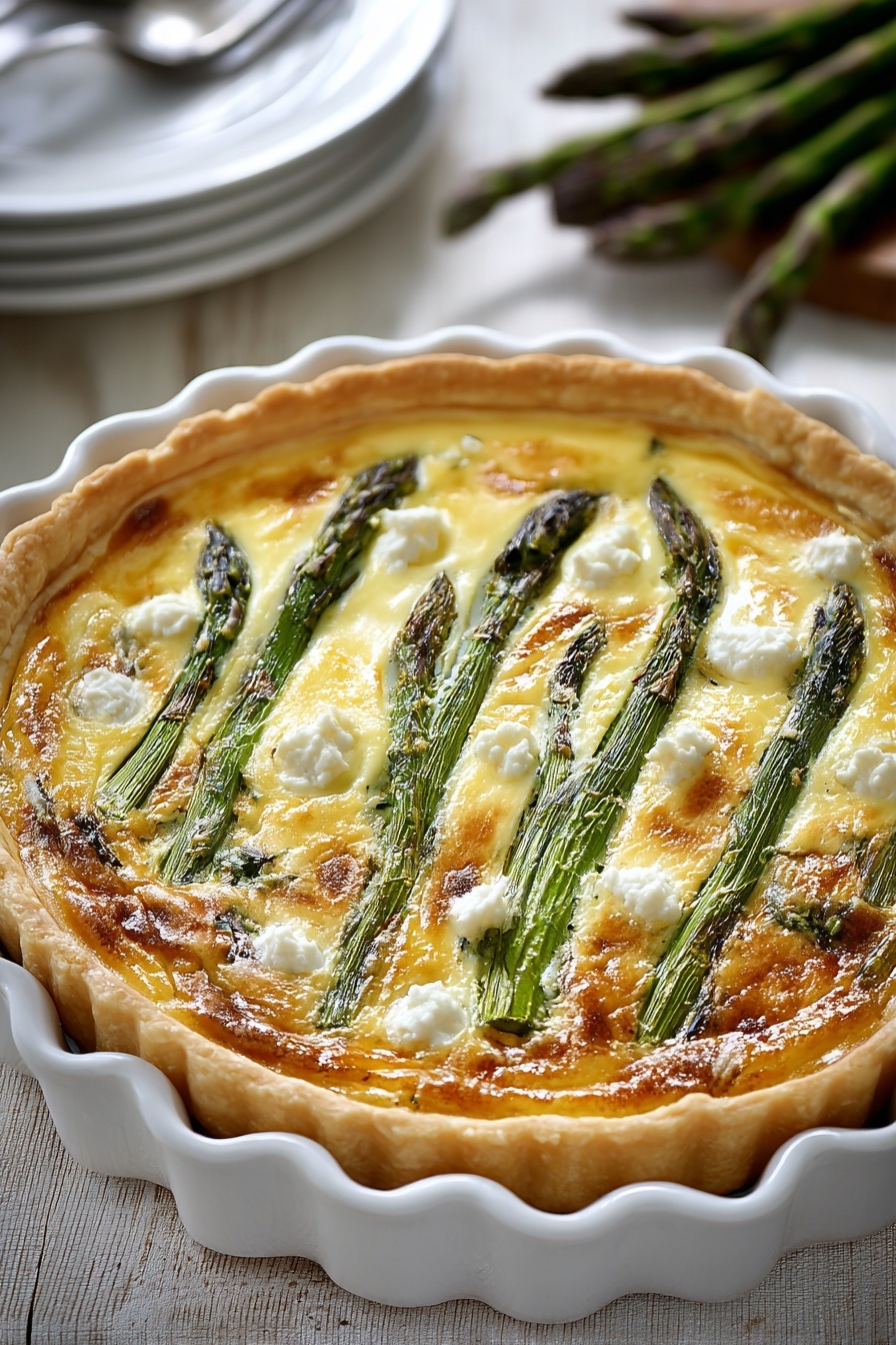 A quiche with asparagus and goat cheese.