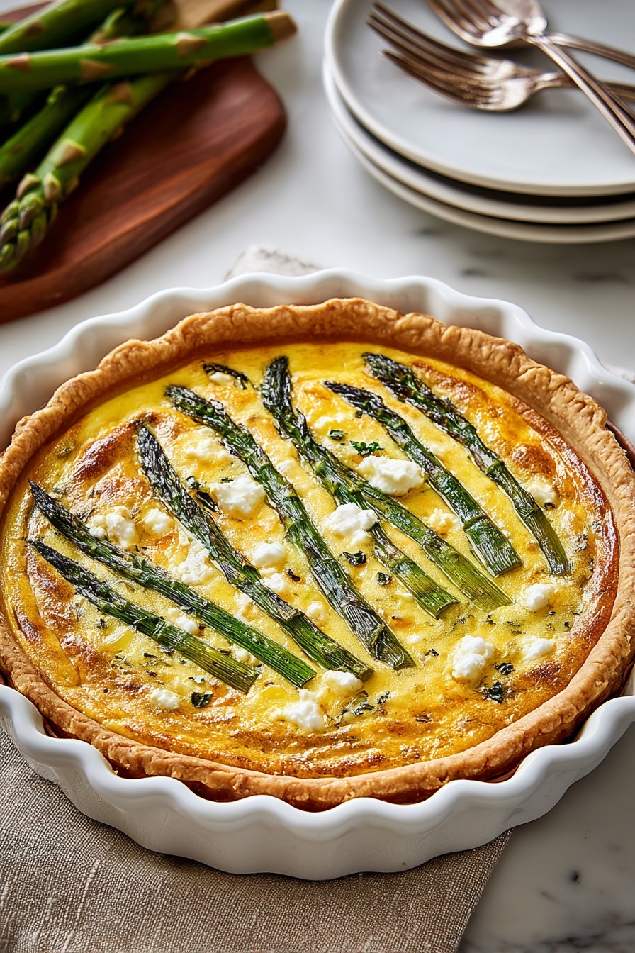 A quiche with asparagus and goat cheese.