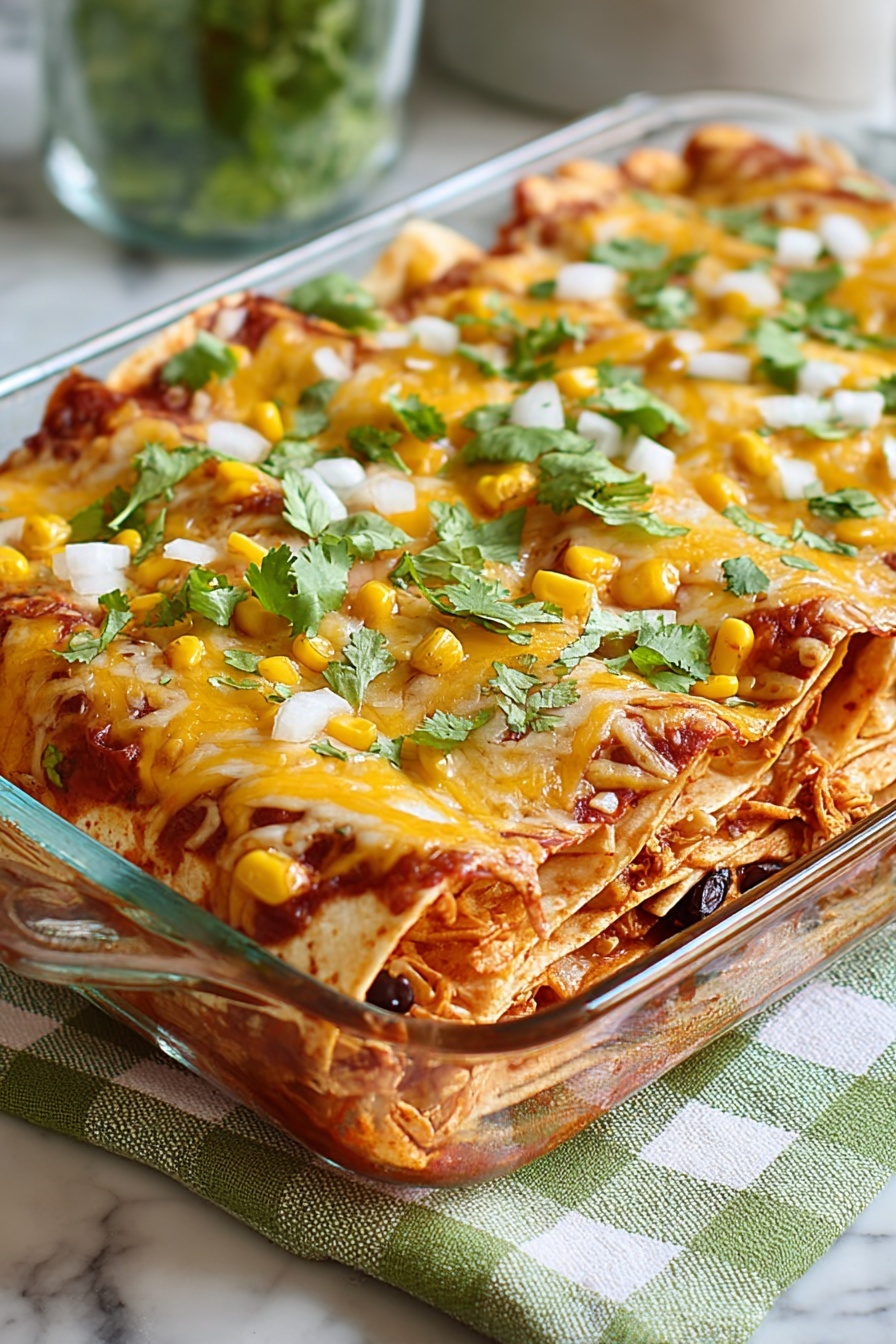 A dish of chicken enchilada casserole.