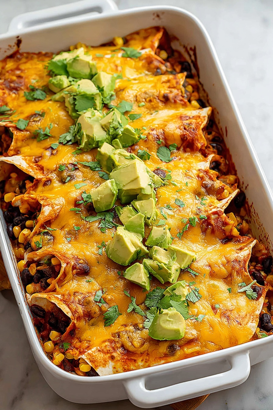 A pan of chicken enchilada casserole.