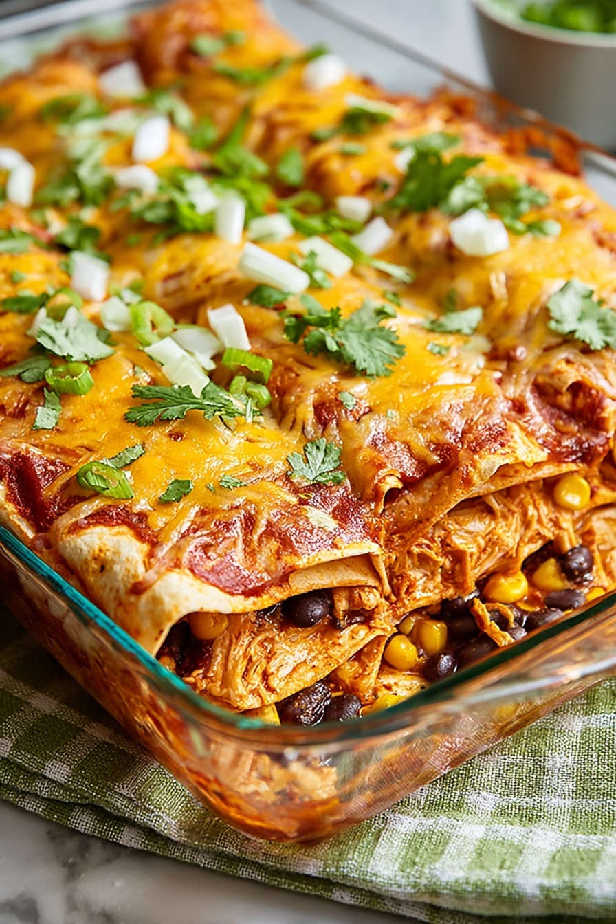 A dish of chicken enchilada casserole.