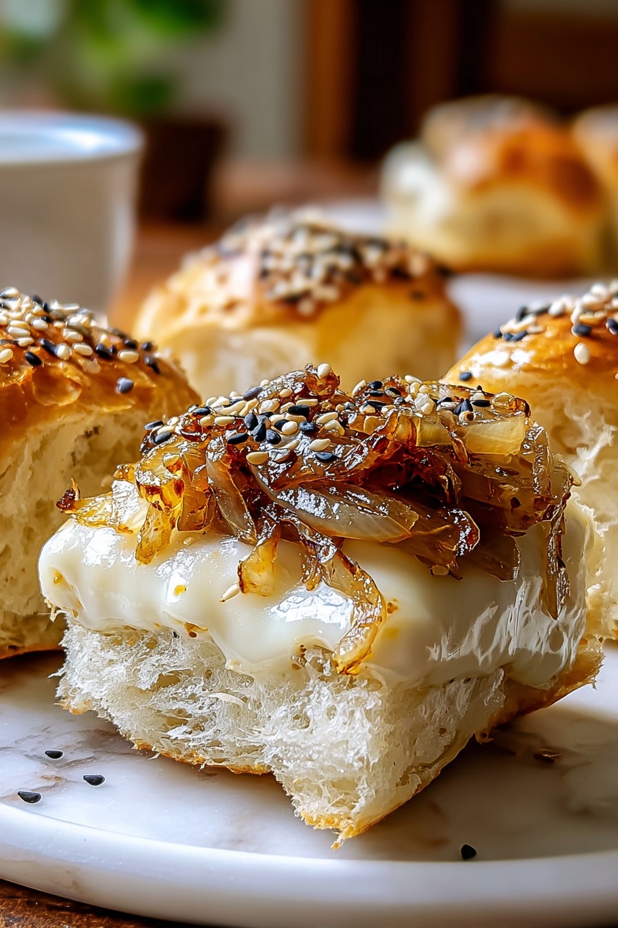 A close up of a cheese and onion roll.