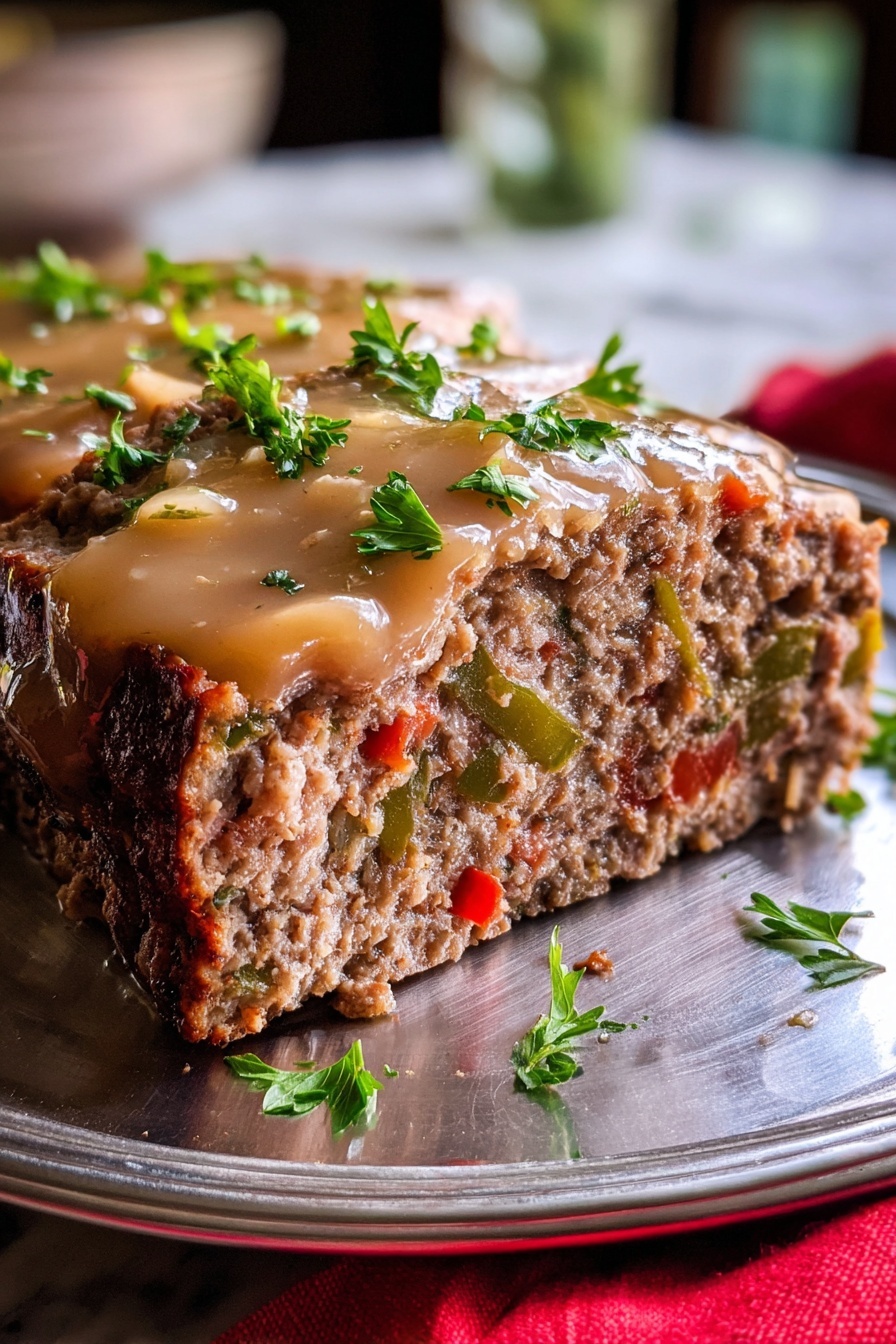A slice of meatloaf with a brown sauce.