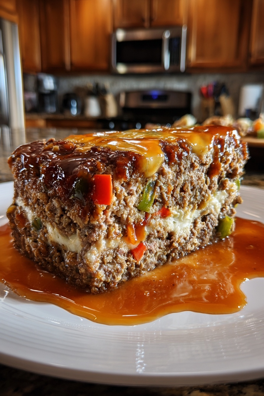 A slice of meatloaf with a brown sauce.