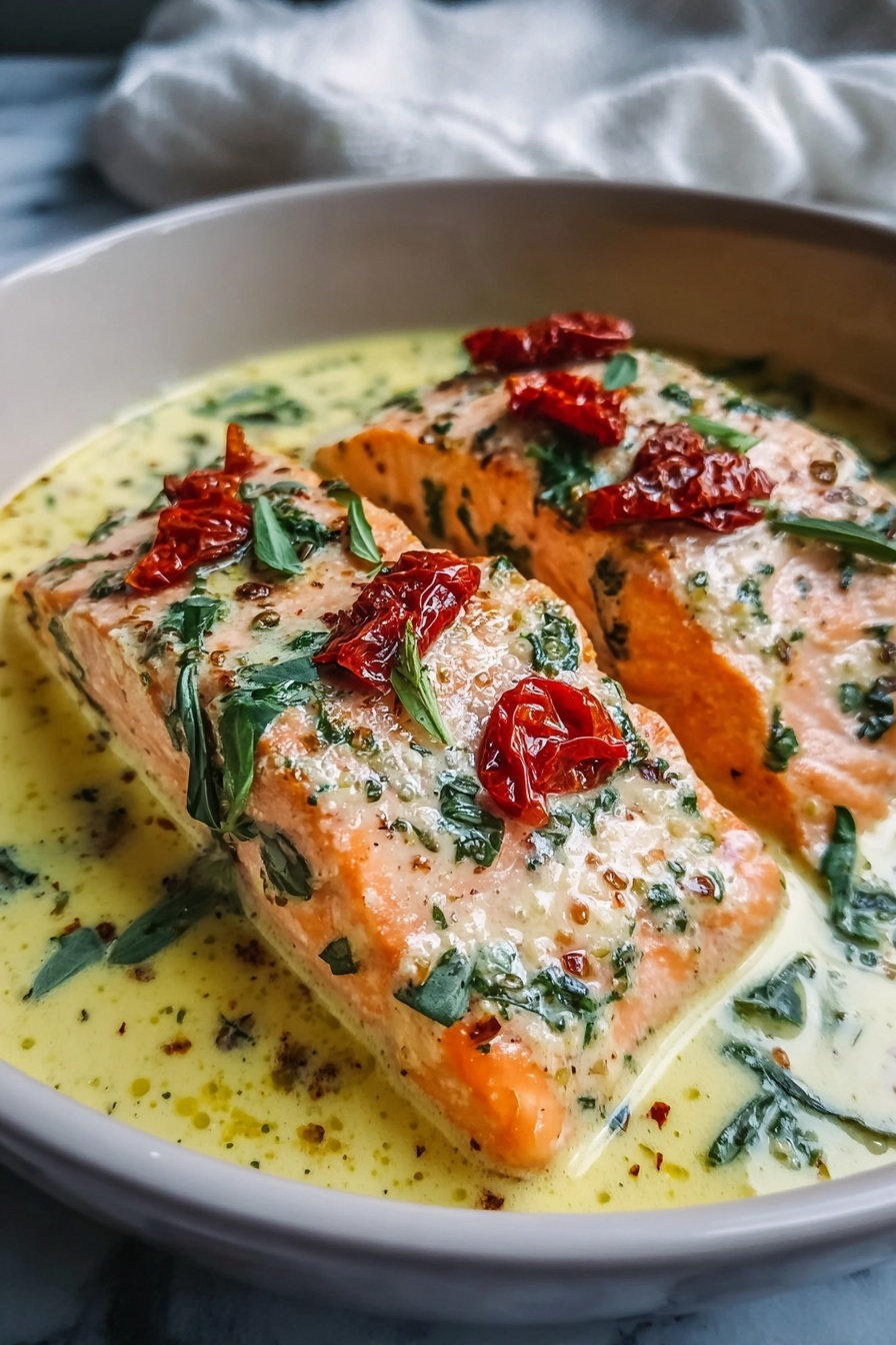 Tuscan Salmon with red peppers and herbs.