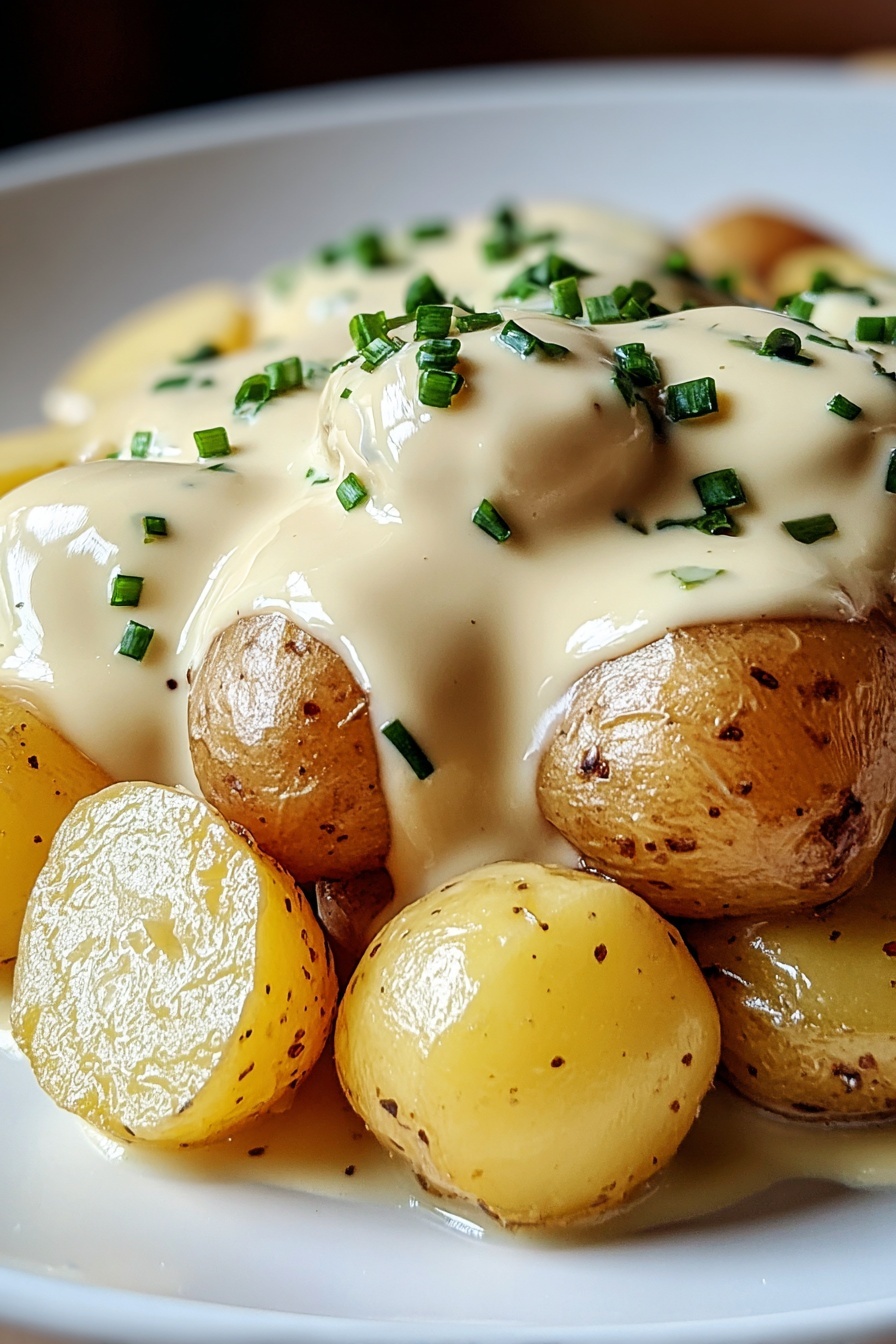 A dish of baby potatoes with a creamy garlic sauce.