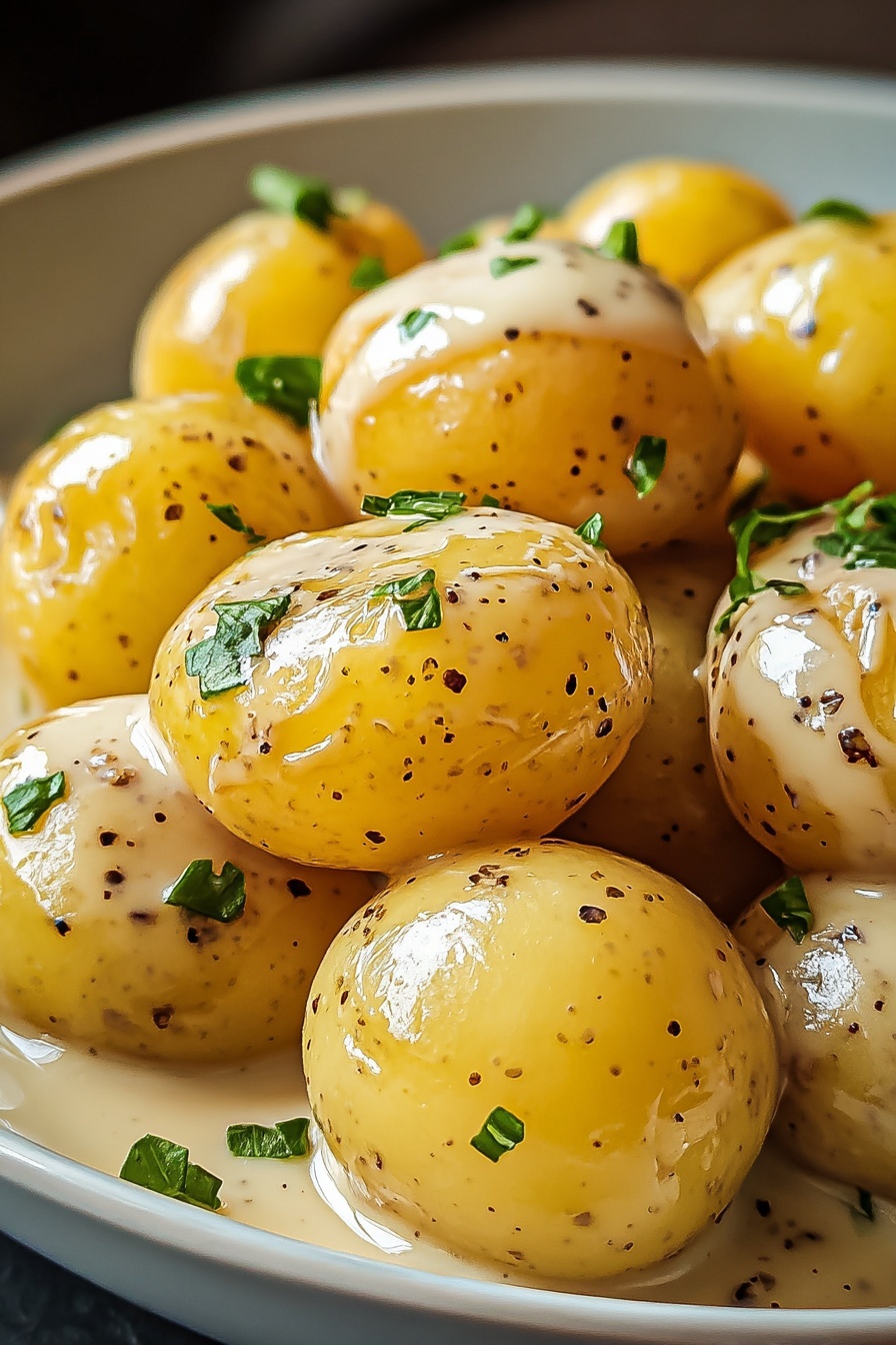 A plate of baby potatoes with a creamy garlic sauce.