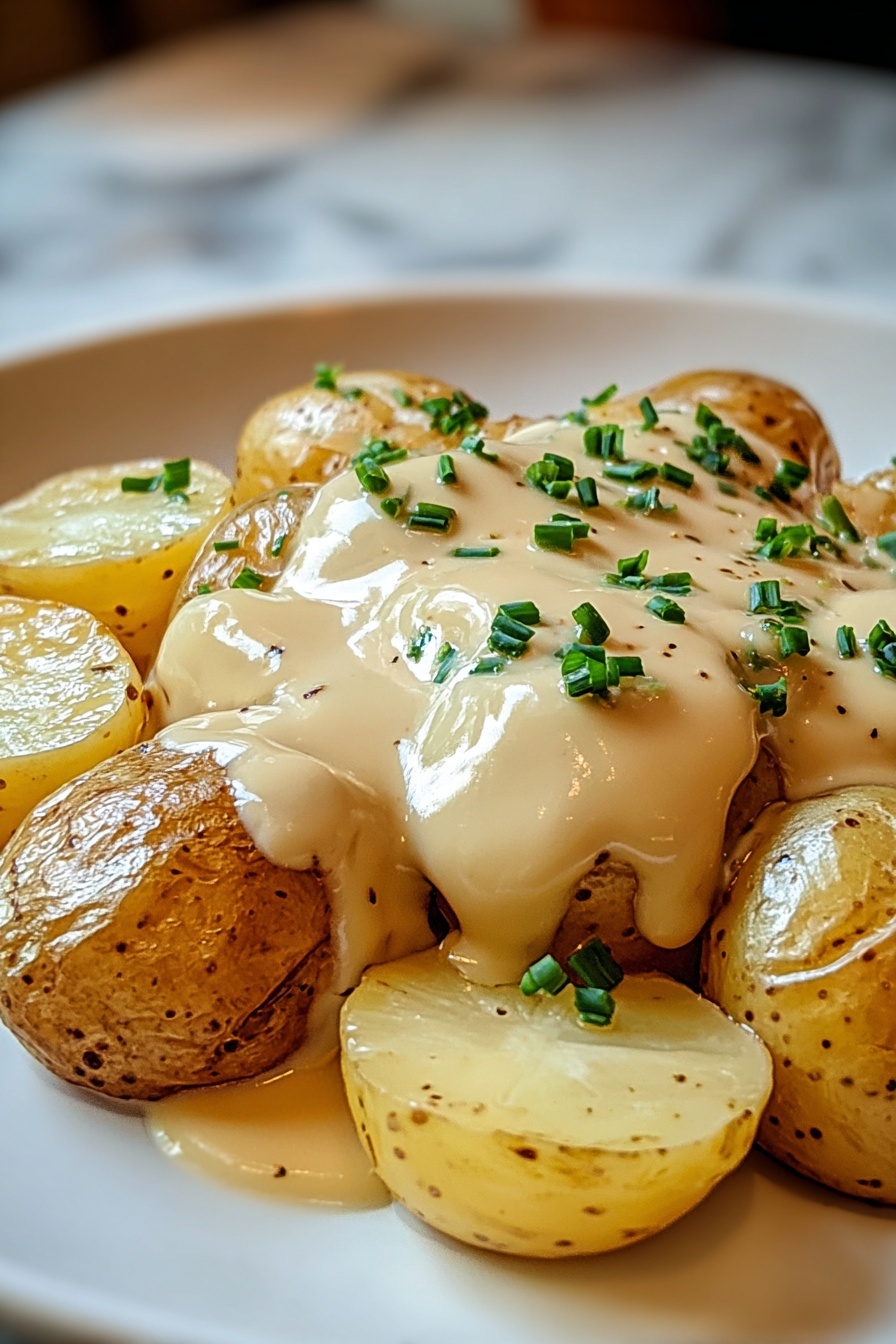 A plate of baby potatoes covered in creamy garlic sauce.