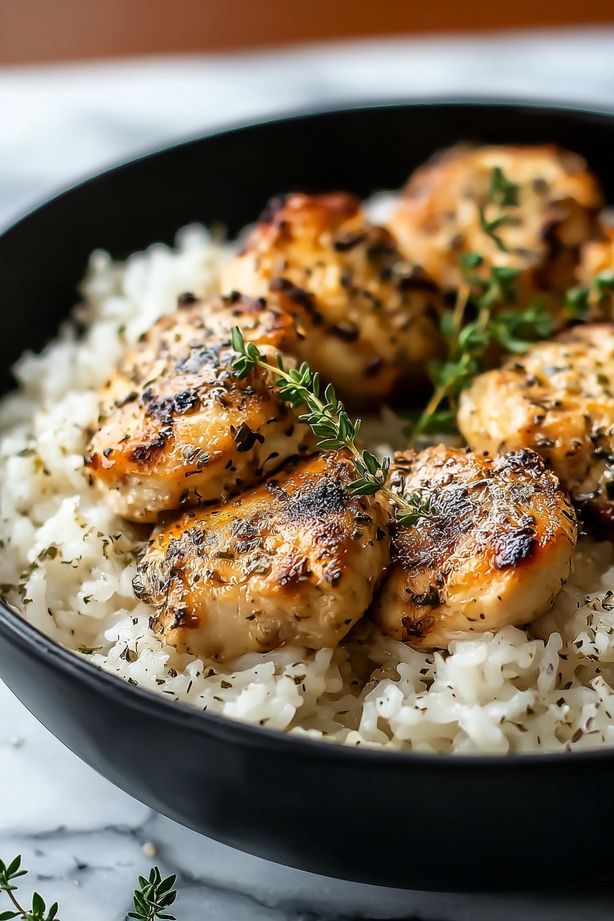 A bowl of rice with chicken on top.