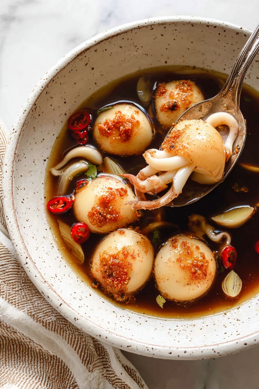 A bowl of braised cuttlefish with a spoon in it.