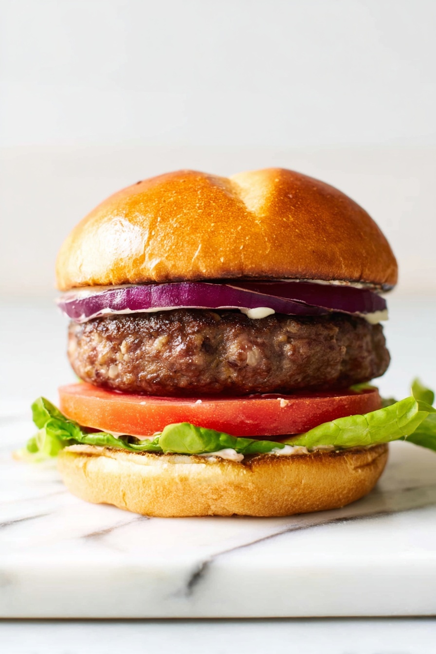 A close up of a burger with tomato, lettuce, and purple onions.