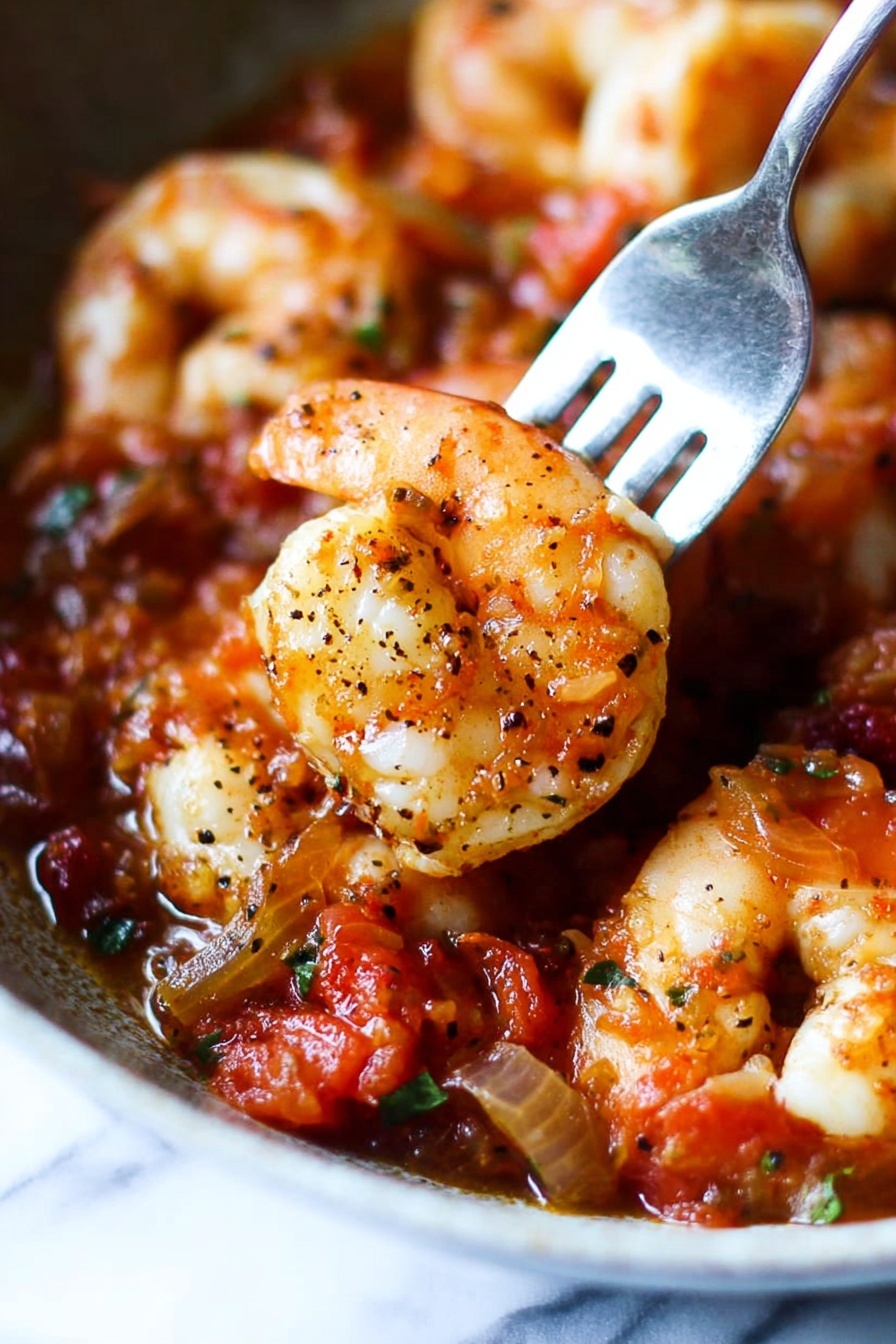 A fork is being used to eat shrimp cacciatore.