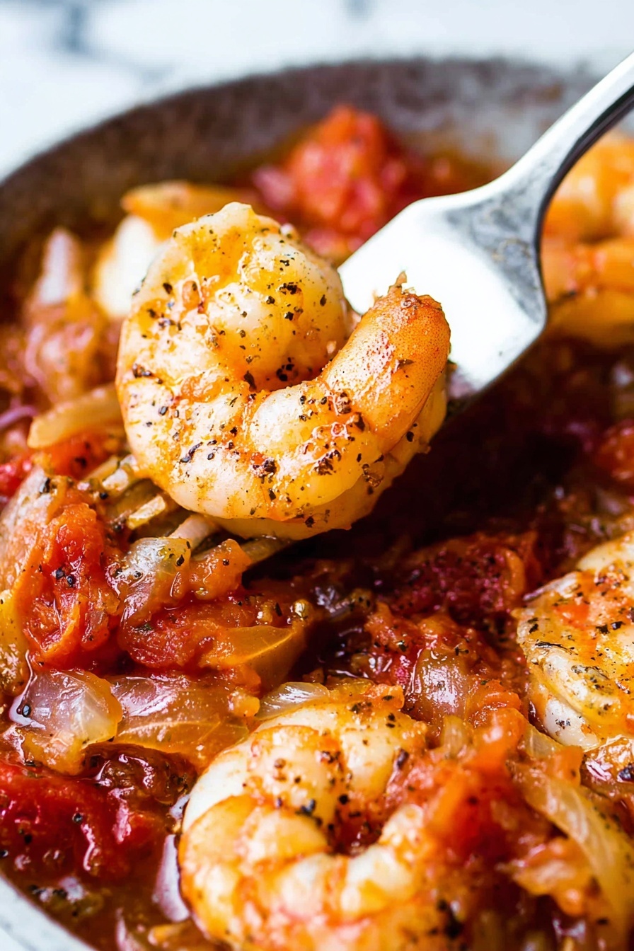 A fork is being used to pick up a piece of shrimp from a bowl of shrimp cacciatore.