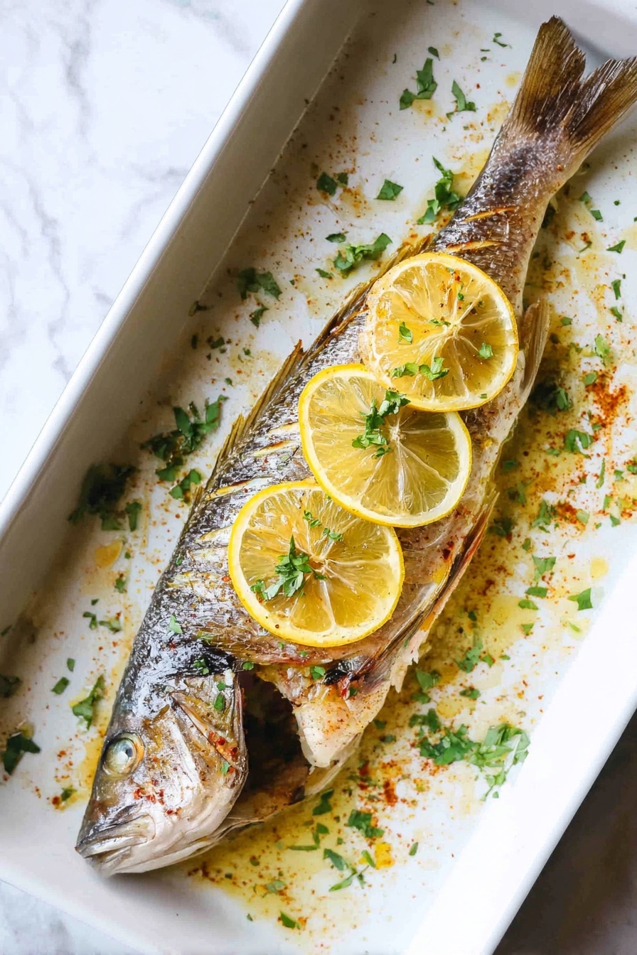 A rockfish with lemon slices and old bay seasoning.