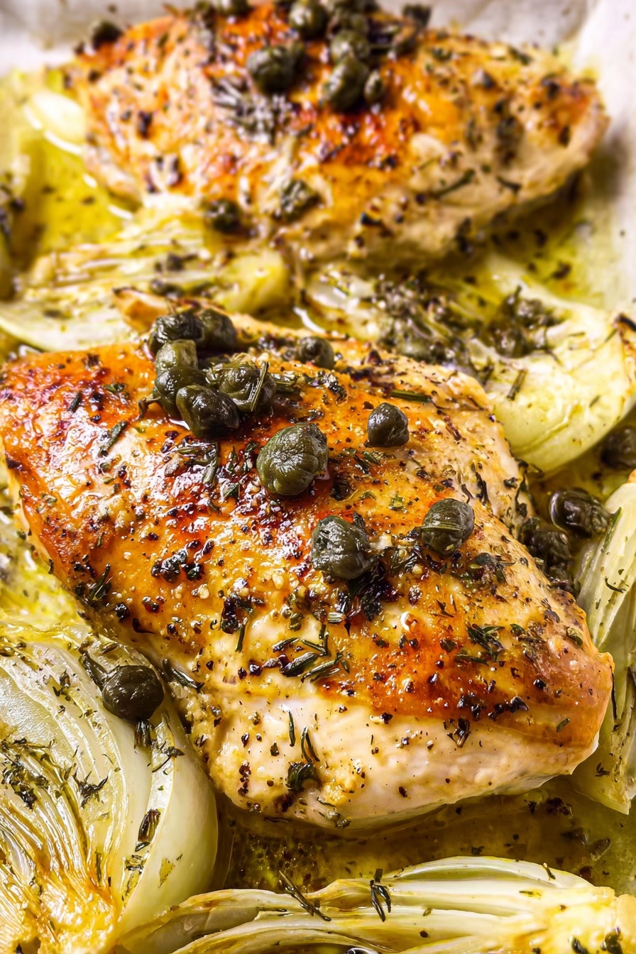Baked chicken with artichokes and capers.
