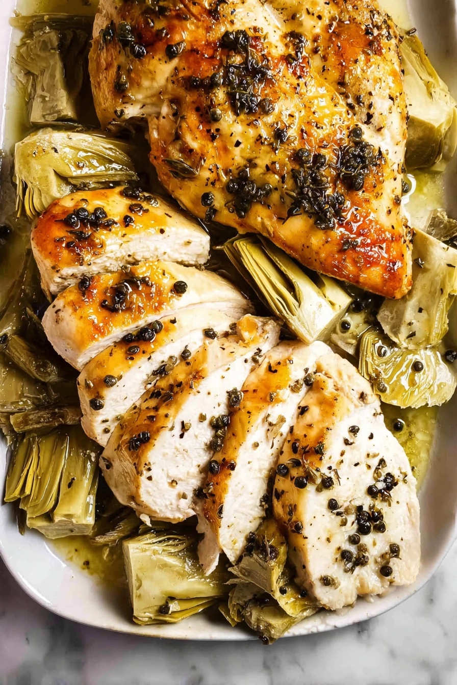 A plate of baked chicken with artichokes and capers.