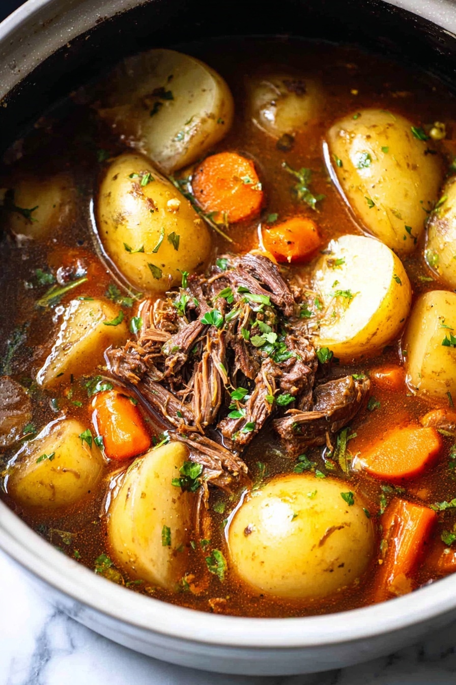 A pot of beef stew with potatoes and carrots.