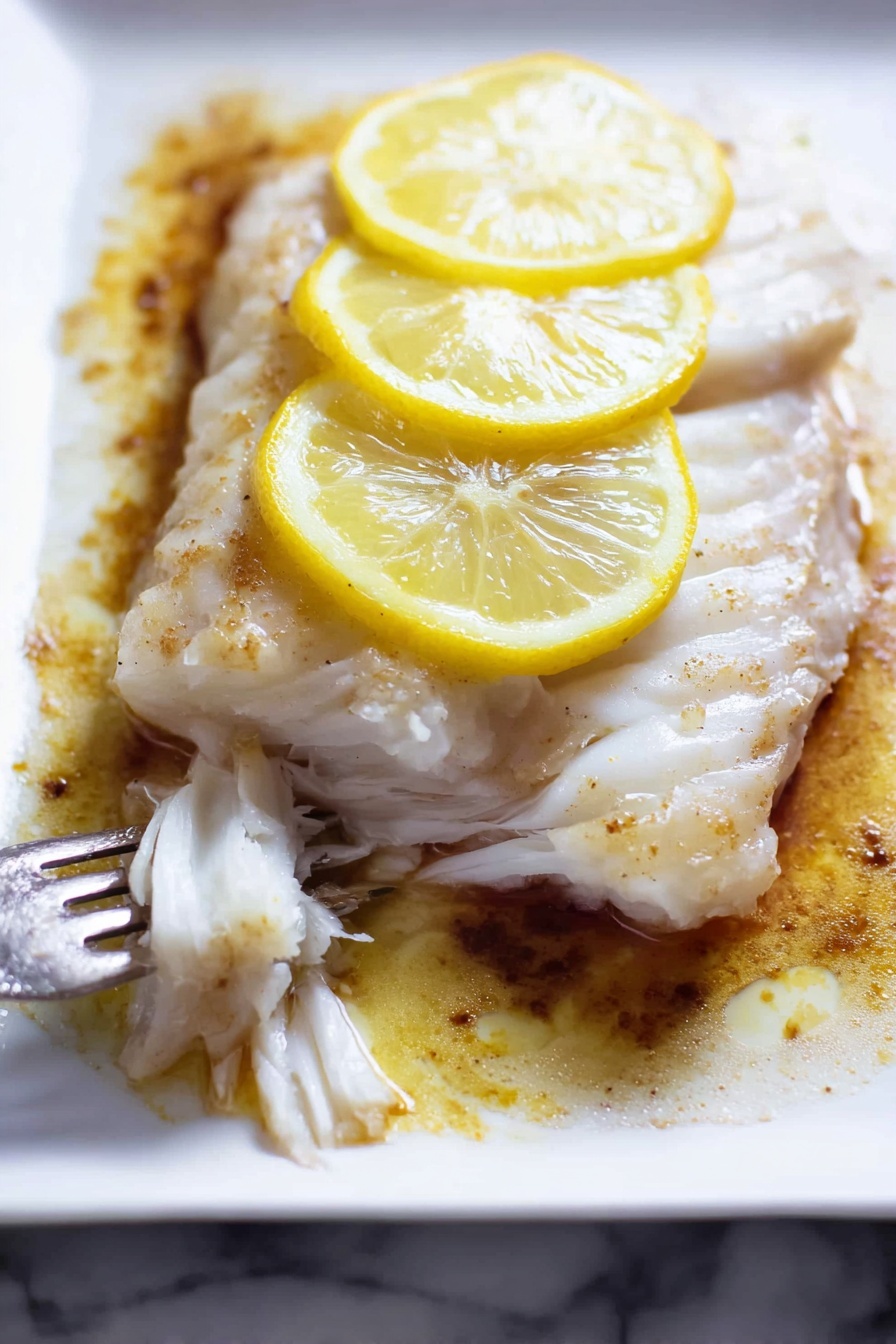 A piece of fish with lemon slices on top.