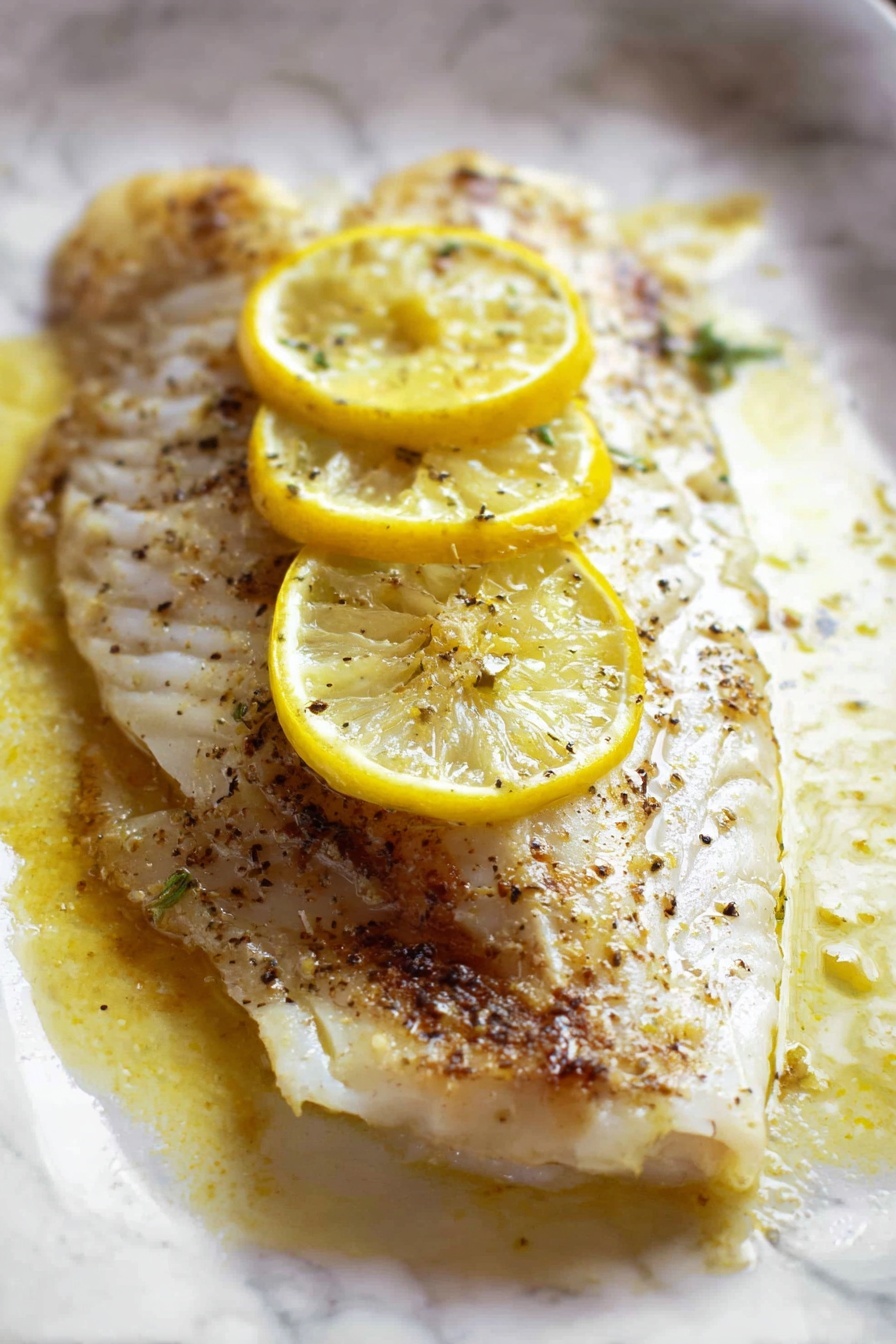 A piece of fish with lemon slices on top.