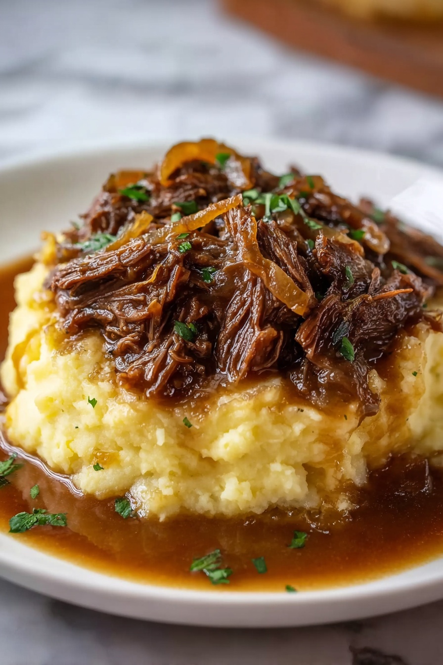 A close up of a delicious crock pot French onion pot roast.