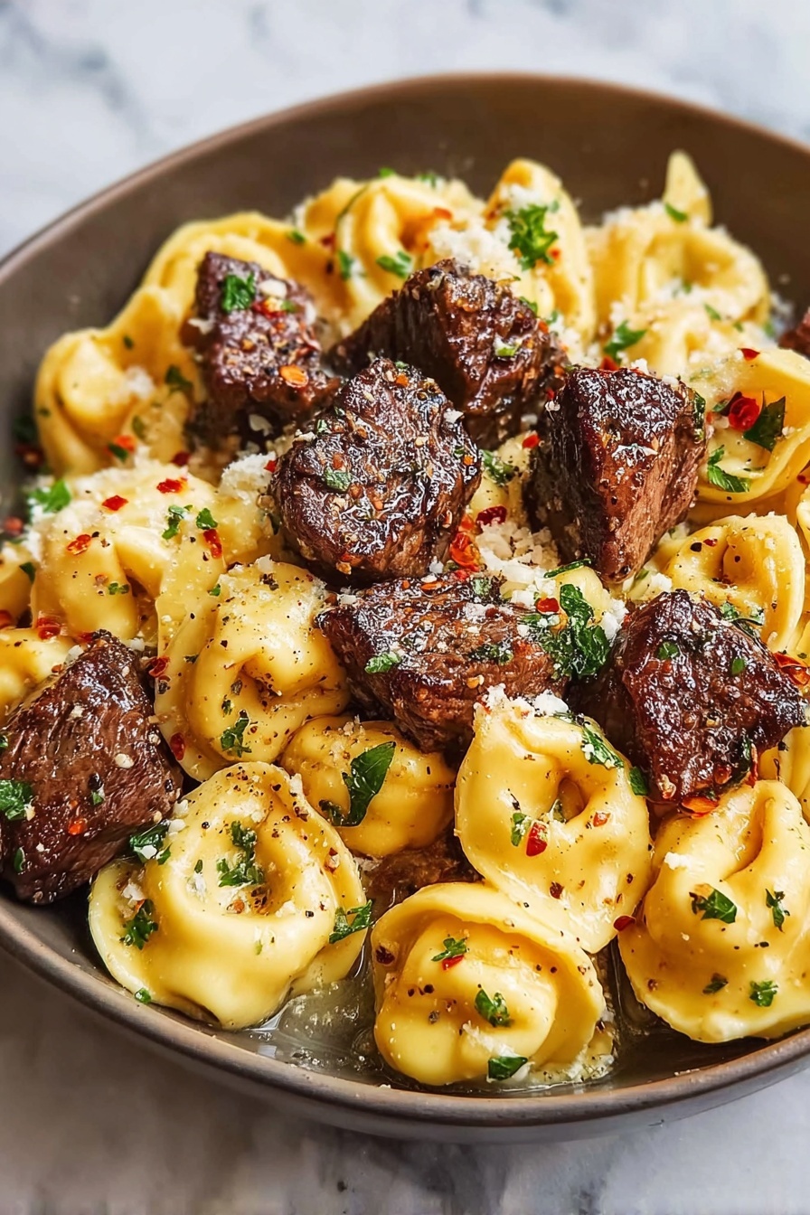 Garlic steak tortellini with meatballs.