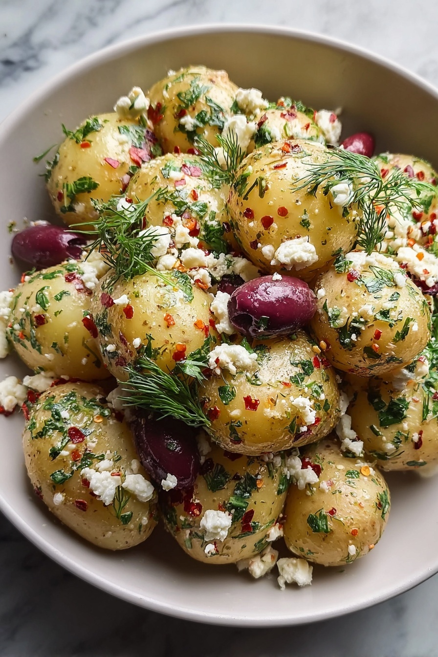 A bowl of fresh Mediterranean potato salad.