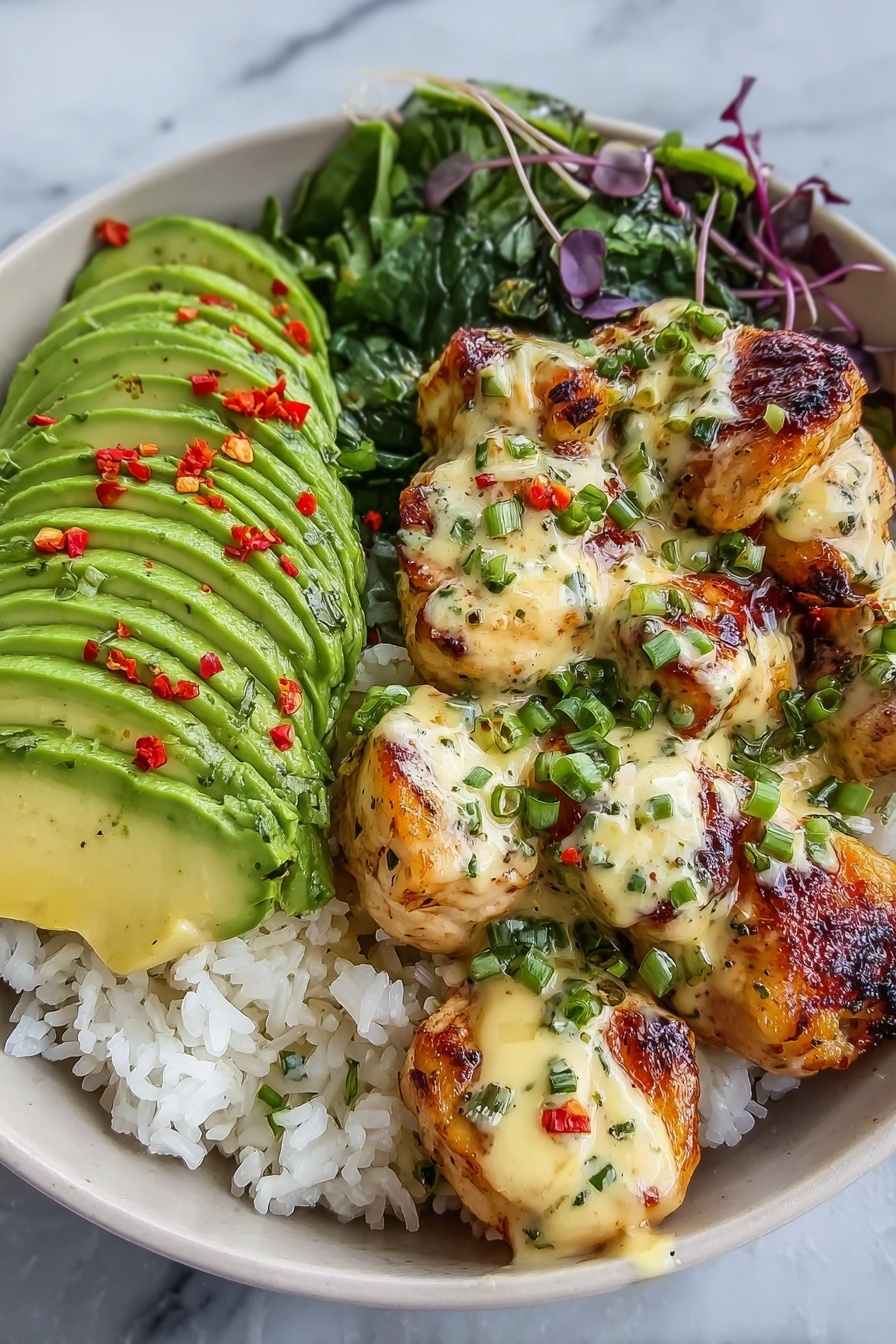 A plate of food with rice, chicken, and avocado.