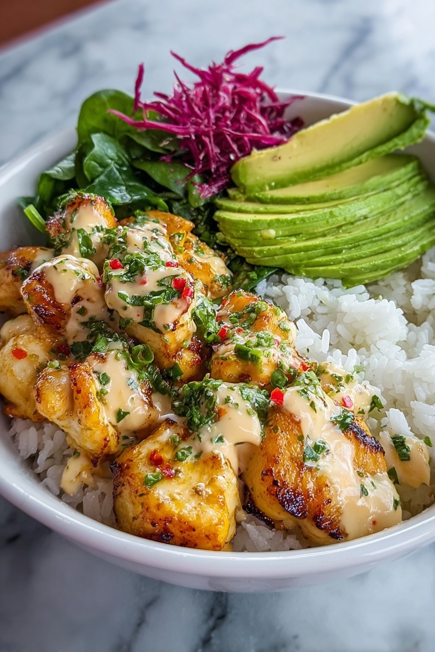 A bowl of food with rice, chicken, and avocado.
