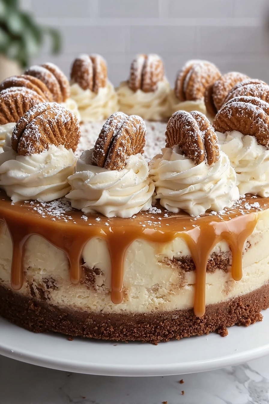 A slice of cheesecake with white chocolate and swirl topping.