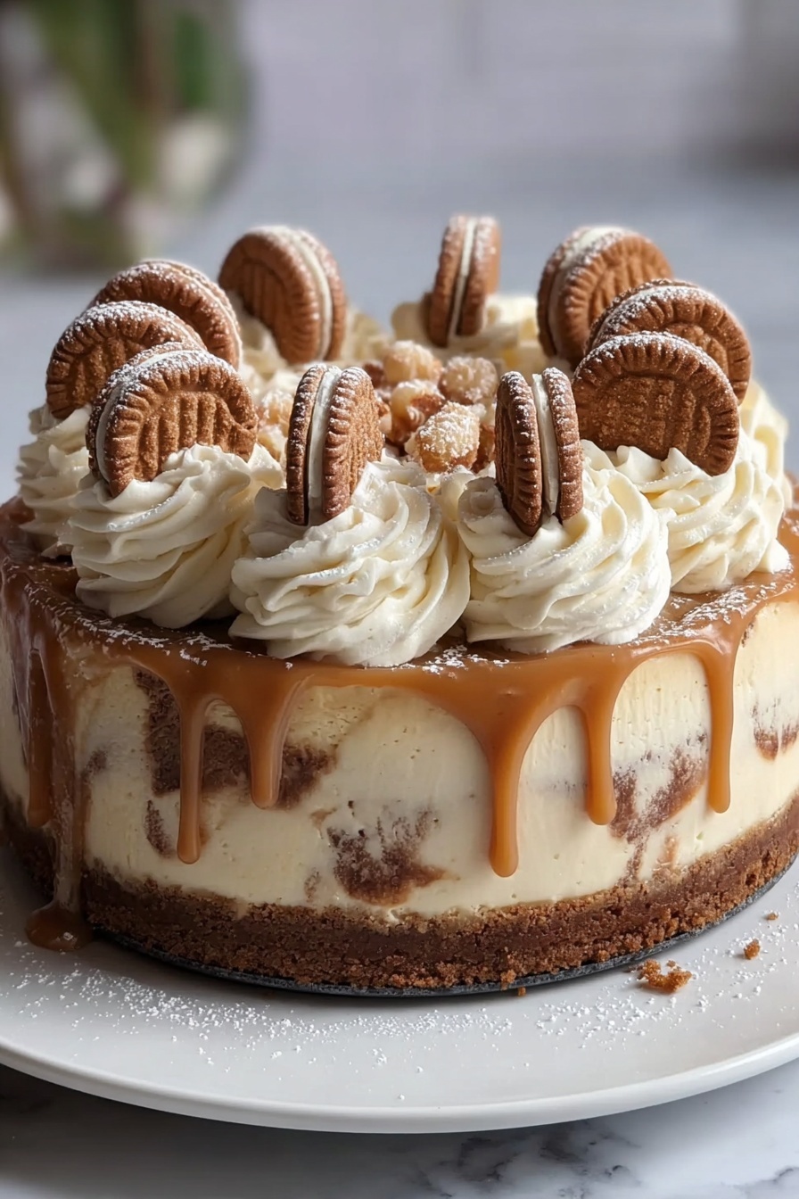 A slice of white chocolate biscoff swirl cheesecake.