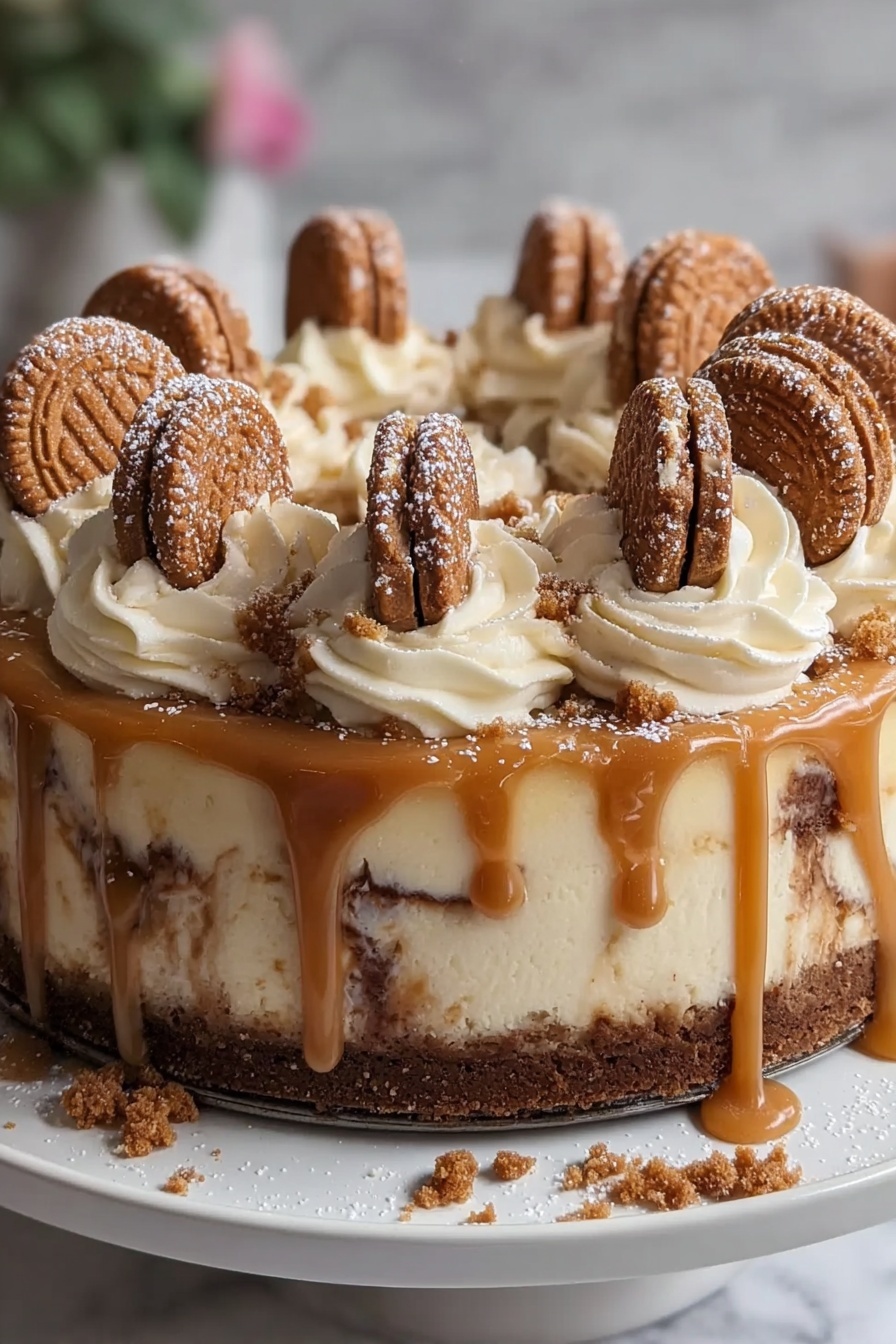 A slice of white chocolate biscoff swirl cheesecake.