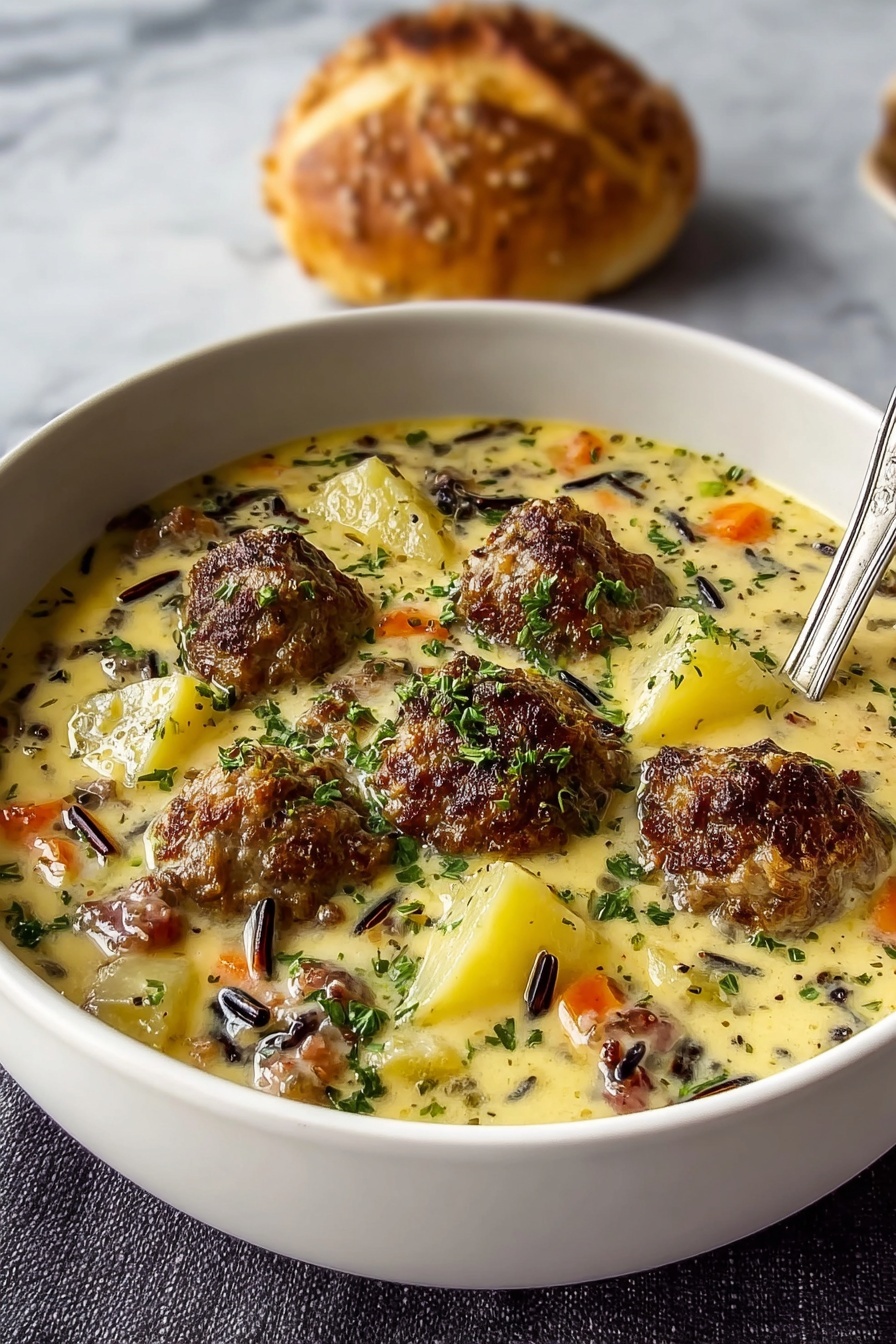 A bowl of sausage potato chowder.