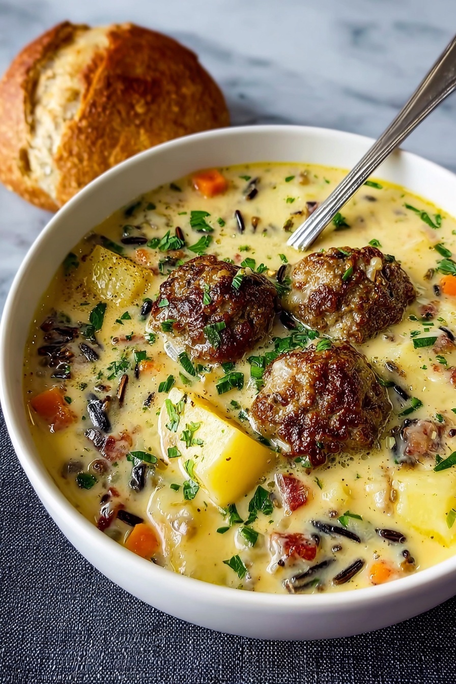 A bowl of sausage potato chowder with a spoon in it.