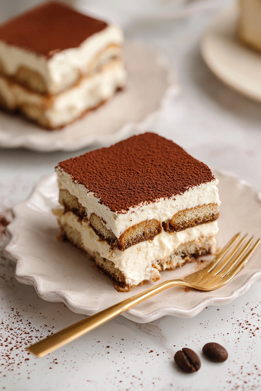A slice of Italian Tiramisu on a plate.