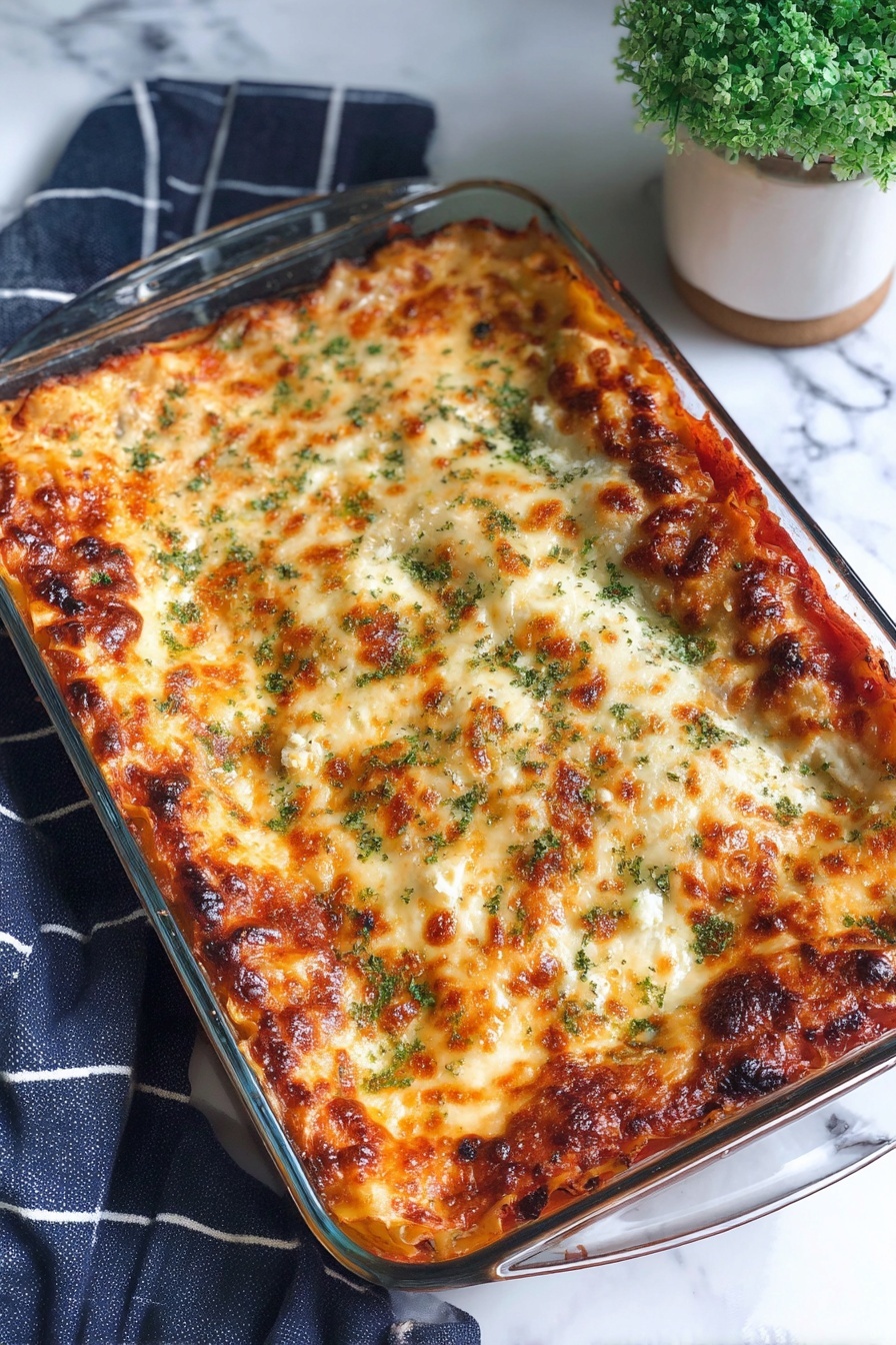 A pan of chicken Alfredo lasagna.