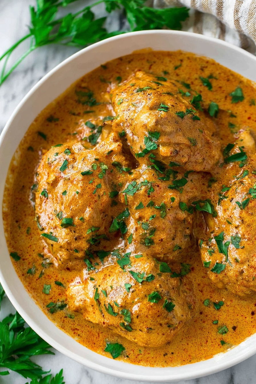 A bowl of chicken paprikash.