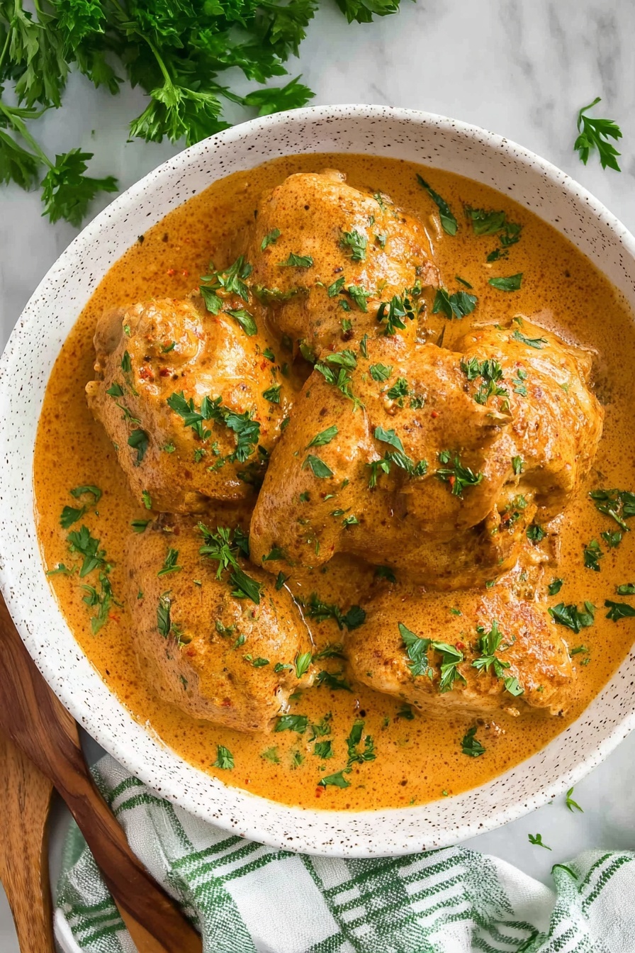 A bowl of chicken paprikash with green herbs.