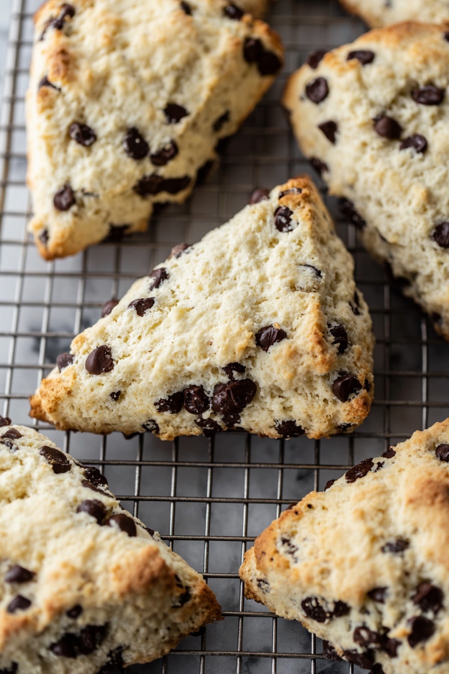 Chocolate chip scones on a cooling rack.