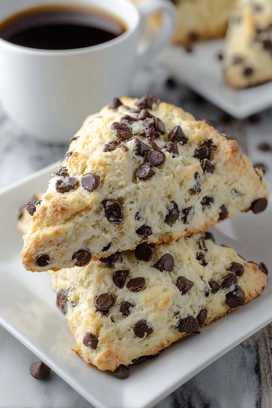 Two scones with chocolate chips on a plate.