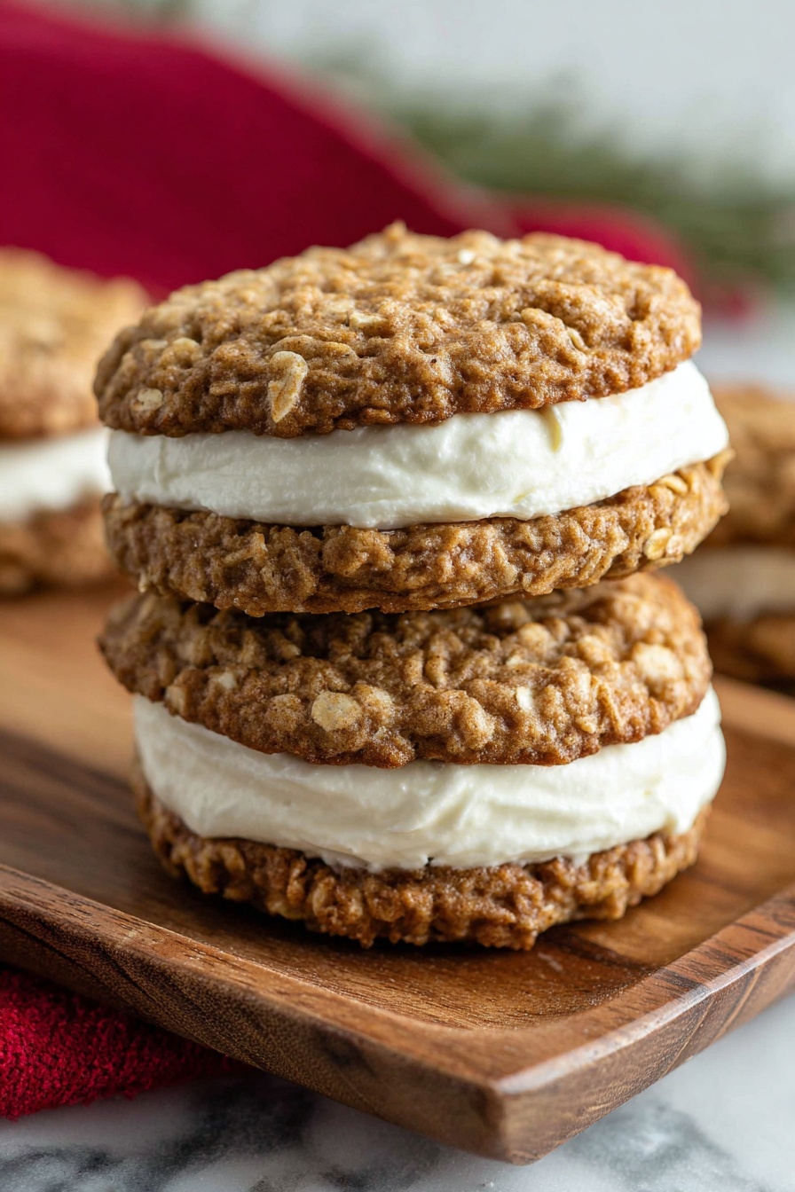 Two gingerbread oatmeal cream pies stacked on a wooden board.