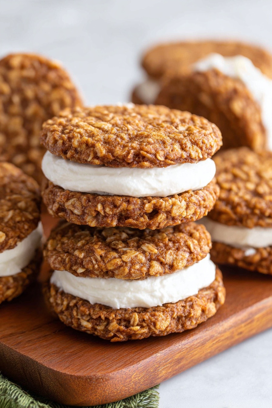 Gingerbread Oatmeal Cream Pies stacked on a wooden board.