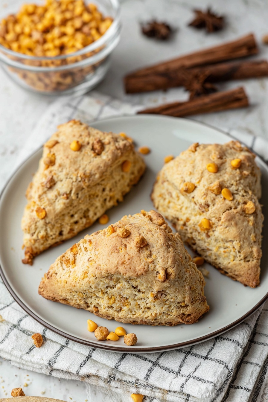 Three scones with cinnamon on a plate.
