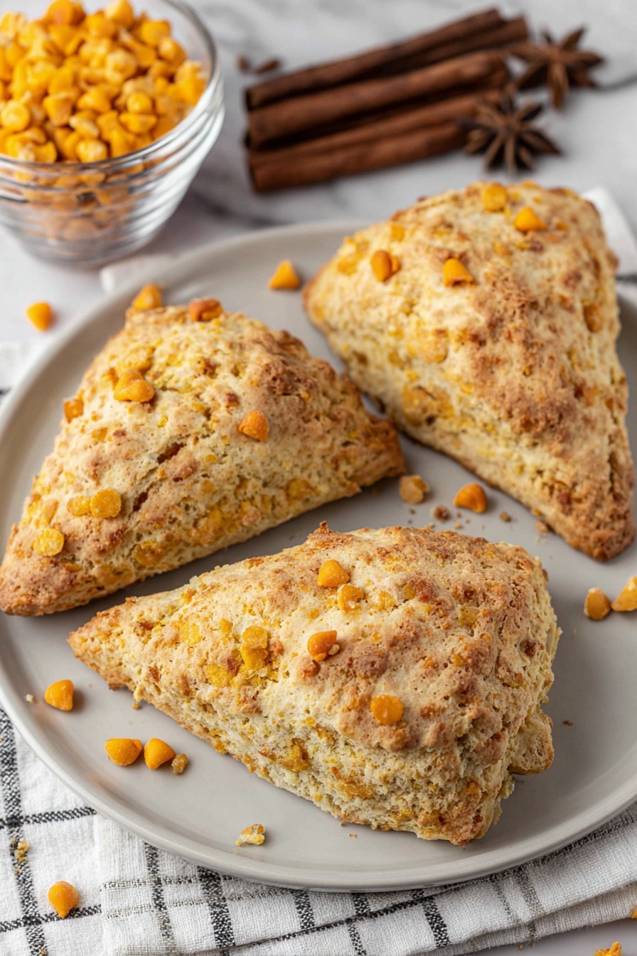 Three scones with cinnamon on a plate.