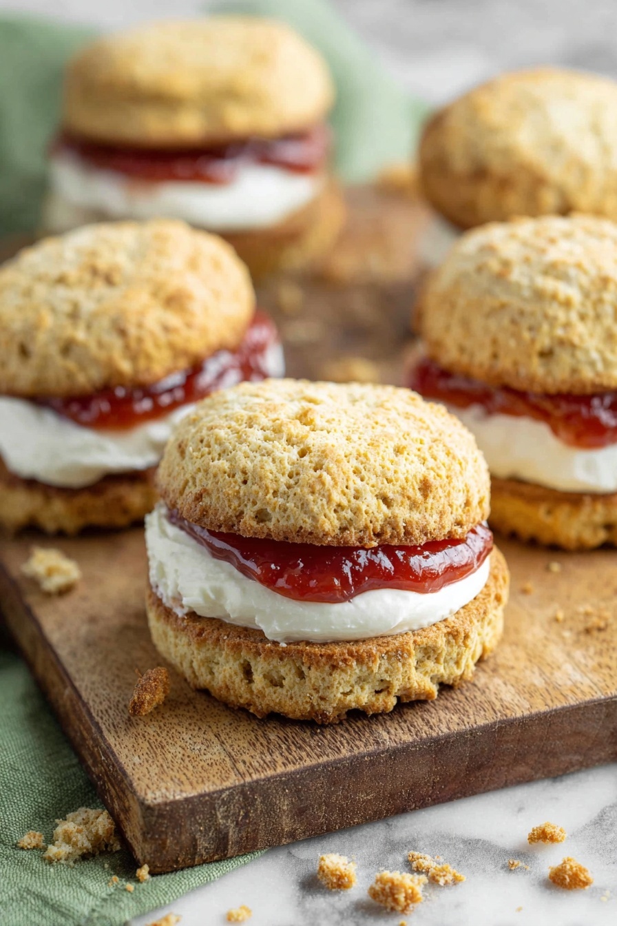 Two scones with jam on a wooden table.